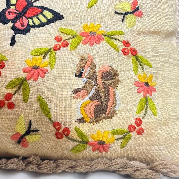 Vintage Crewel Embroidered Throw Pillow, Woodland Needlepoint - Picture 5 of 10